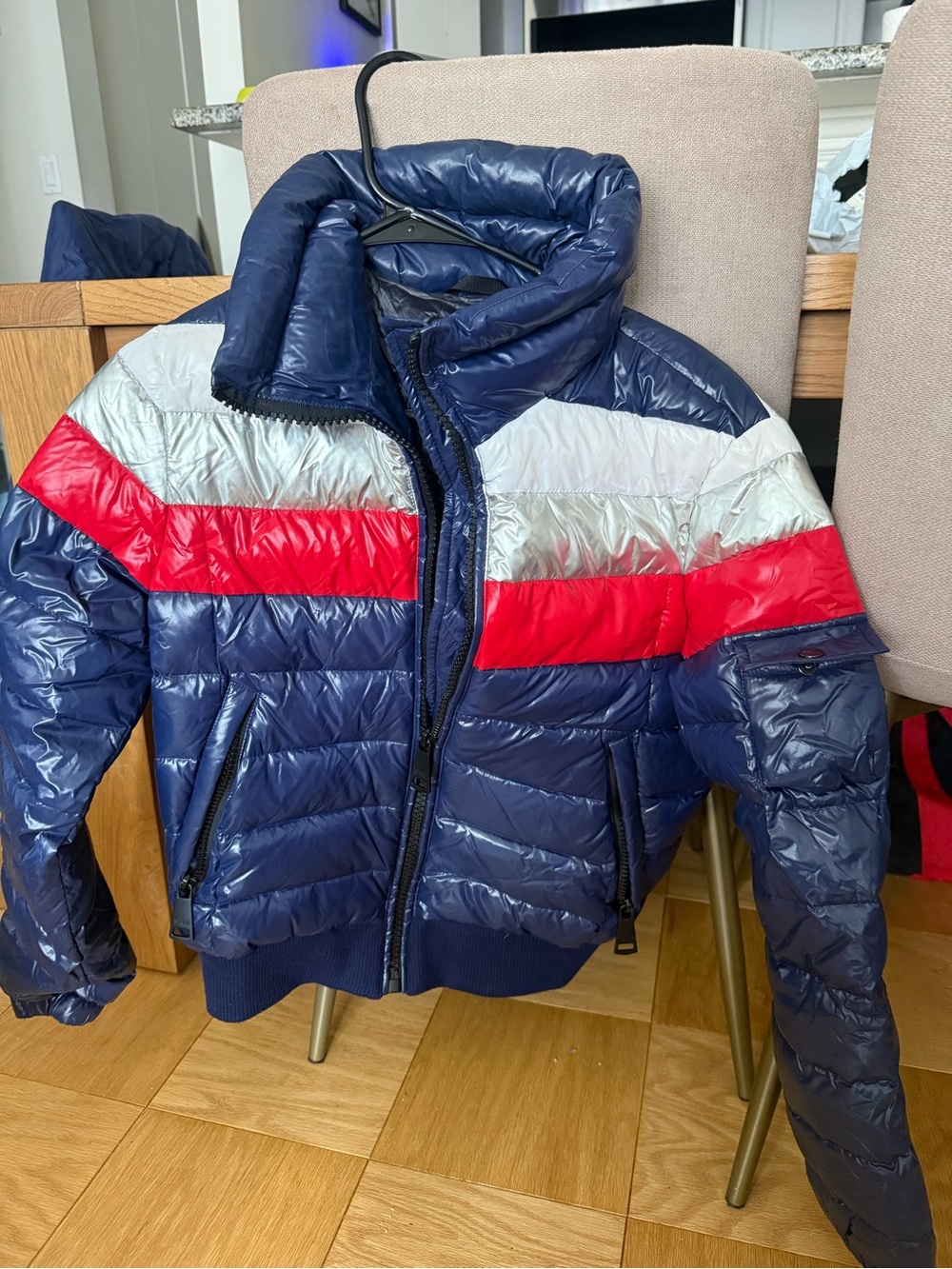 Navy Quilted Puffer Jacket with Red & Silver Stripes